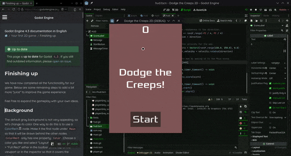 A GIF of the end result of the 2D game tutorial from the Godot documentation, where a player character has to avoid touching enemies