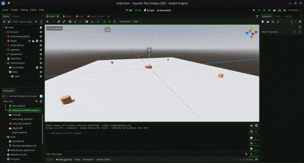 A GIF of the end result of the 3D game tutorial from the Godot documentation, where a player character has to avoid touching enemies and can jump on them
