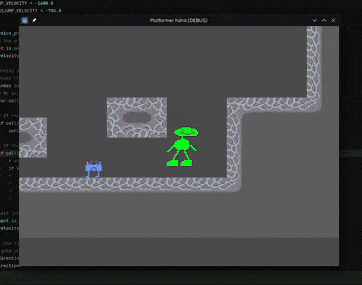 A GIF of a green player character running and jumping around an enemy NPC