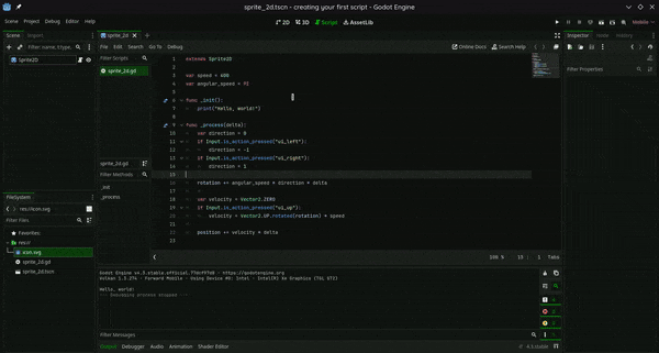A GIF of the end result of a tutorial from the Godot documentation, where a placeholder image can be moved around with the arrow keys